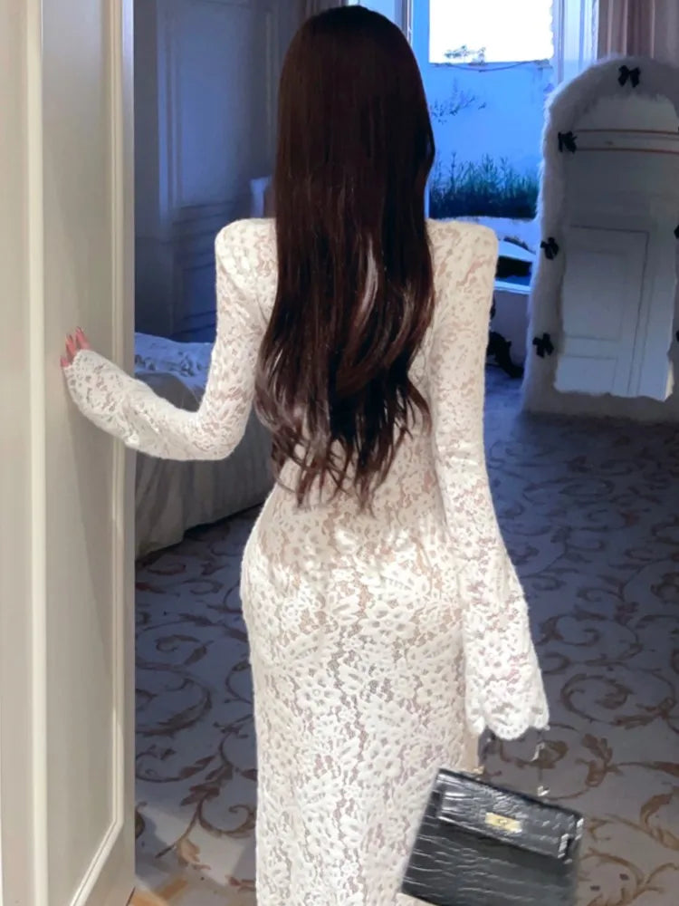 LBSFY -Autumn Sexy Long Sleeves Party Dress for Women Elegant Hollow Out Lace Bandage Bodycon Prom Vestidos Female Split Robe Outfits