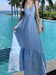LBSFY -Sky Blue Summer Elegant Fashion Bohemain Style Dresses For Woman V-Neck Lace-Up Backless Sleeveless Sling Dress Beach Vacation