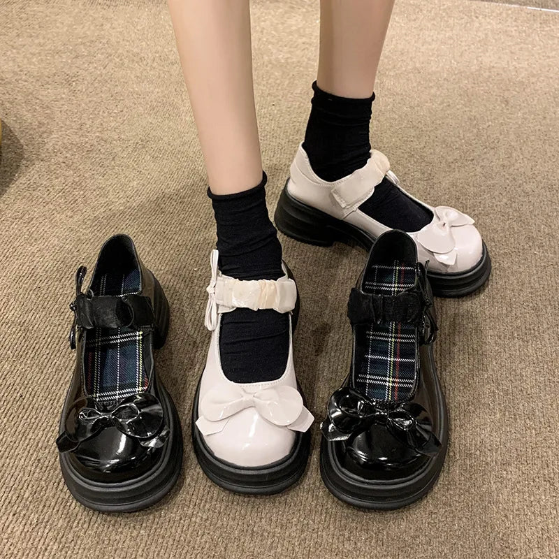 LBSFY -Luxury Platform Women Single Lolita Shoes Autumn Patent Leather Ankle Bow Mary Jane Shoes Woman Loafers Topsiders Ballerinas