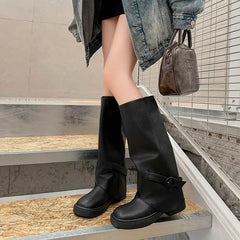 LBSFY  -  HOT Genuine Leather Boots Women Buckle Slip On Knee High Boots Brown Black Fashion Modern Botas Ladies Shoes