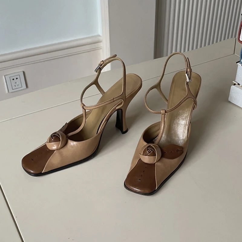 LBSFY  -  Brown Square Toe Flower High Heels Ankle Strap Sandals Ladies Summer Slippers Mixed Colors Mules Shoes For Women Dress Pumps