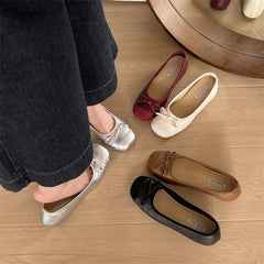 LBSFY -New Style Women's Red Elegant Bowknot Round Toe Women's Flat Comfort Slip-On Ladies Ballerina Single Mules Shoes Zapatos Mujer
