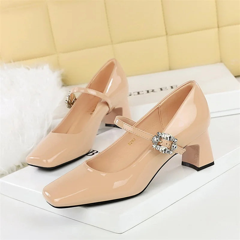 LBSFY -Banquet Mary Jane Women Single Shoes Square Toe Light Mouth Patent Leather One-Striped Rhinestone Buckle Thick Heel Medium Heel