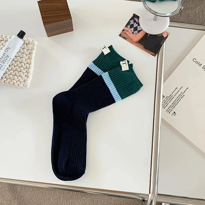 Lbsfy Fashionable and versatile Contrast colored socks women's high top pile up socks Korean version of spring/summer cotton socks