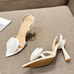 LBSFY  -Summer Fashion Silk Rose Flowers Pointed Open Toe Back Strap Sandals Women Red High Heels Wedding Prom Shoes Zapatos Mujer