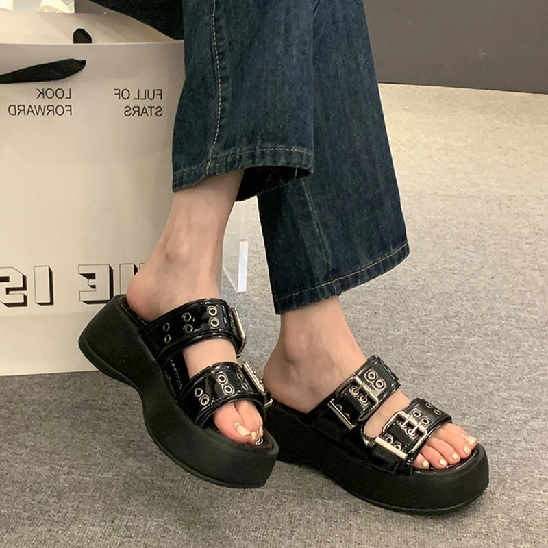 LBSFY  -  Platform Slippers Women Square Toe Dress Mid Heels Sandal Shoes Summer 2024 New Fashion Slingback Beach Slides Femme Flip Flops