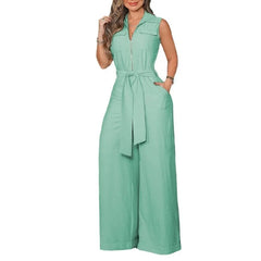 LBSFY  -  2024 Spring Summer New Women's Clothing Solid Color Shirt Collar Sleeveless Solid Color Zipper Strap Wide Leg Jumpsuit Pants