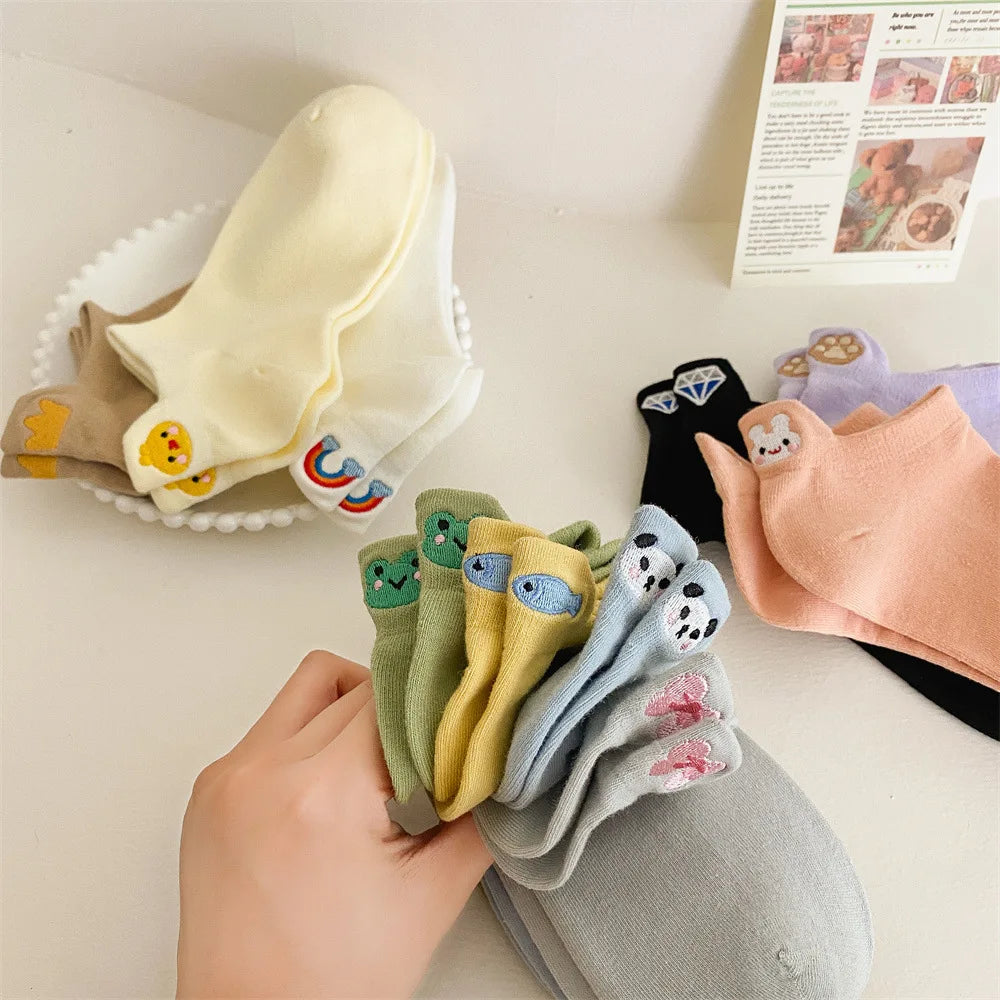 Lbsfy Women Socks Cotton Lady Cute Kawaii Candy Color Cartoon Animal Panda Rabbit Duck Rainbow Embroidery Invisible Low Cut Ankle Sock