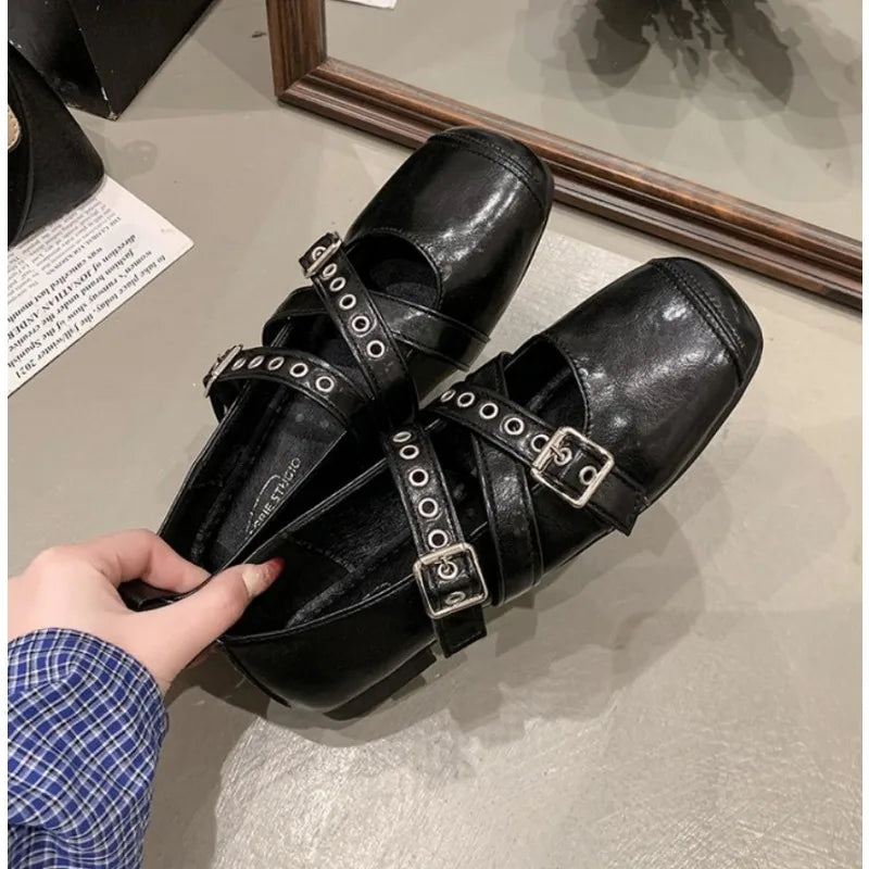 LBSFY -Designer Spring Women Mary Jane Shoes Fashion Square Toe Ladies Comfort Soft Sole Flats Women's Belt buckle Ballerinas Shoes