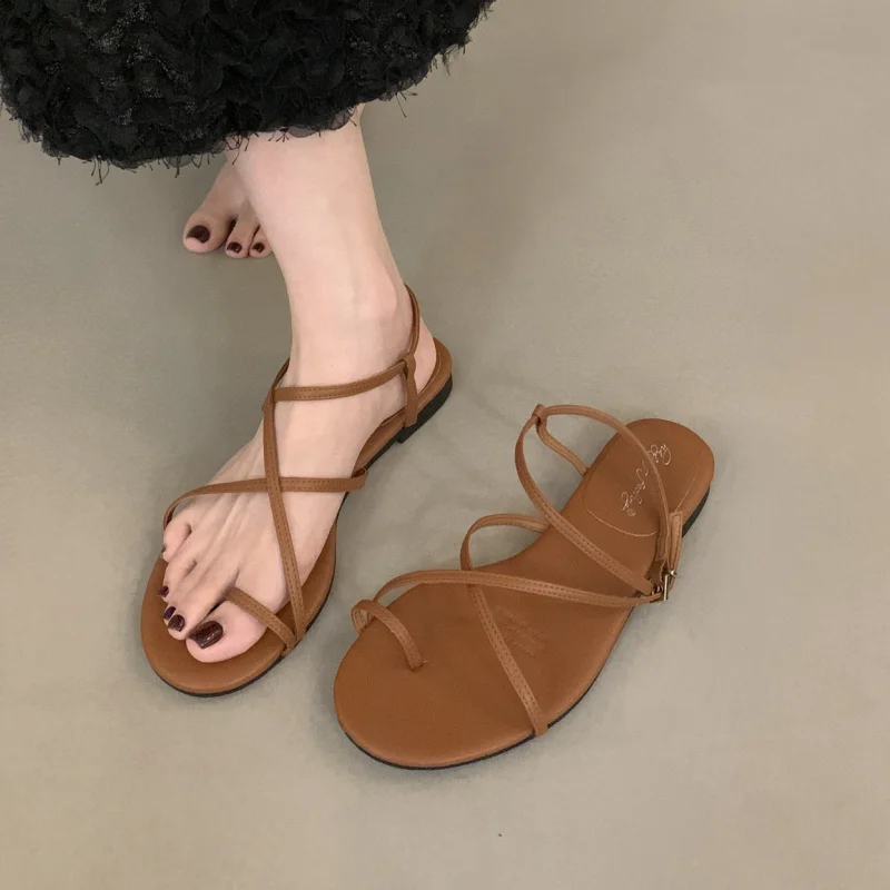 LBSFY -Summer New Brand Women Sandal Fashion Narrow Band Ladies Elegant Gladiator Shoes Soft Flat Heel Outdoor Dress Shoes Muj