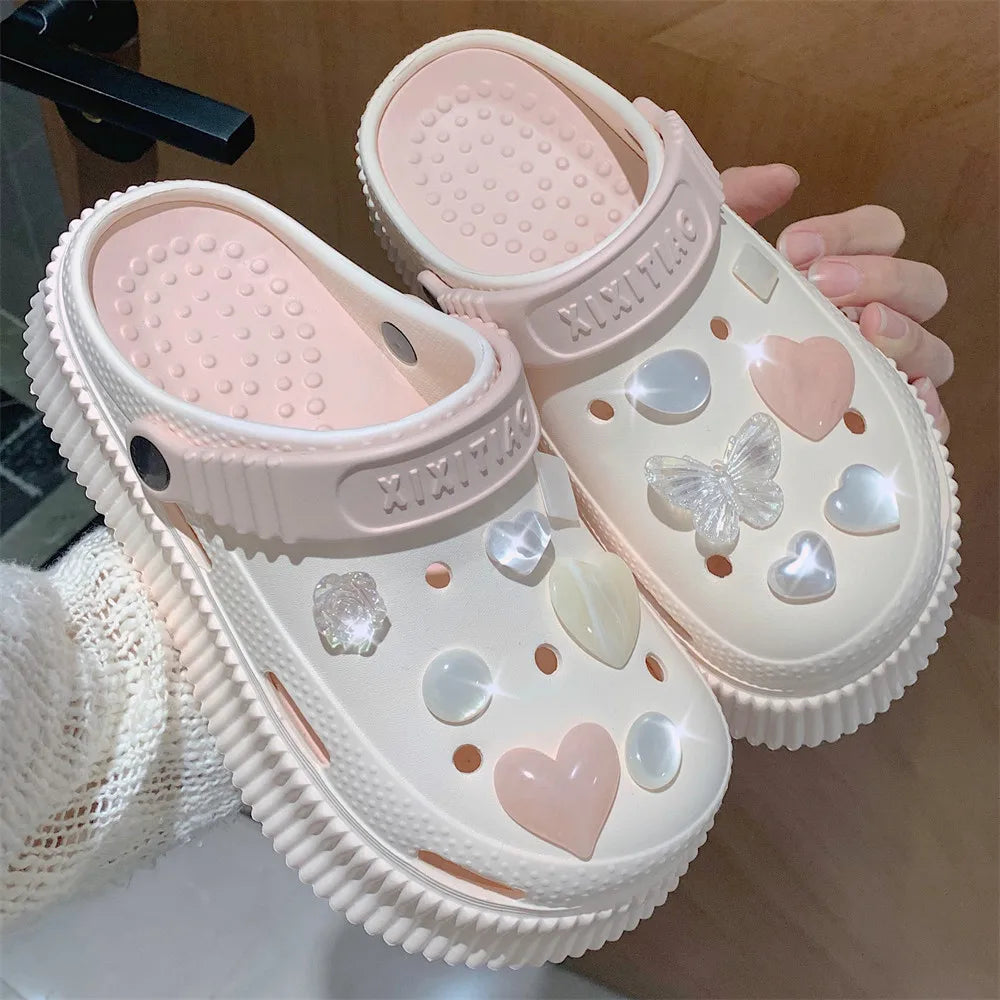 LBSFY  -  Women's Summer Water Diamond Love Hole Shoes Wearing Beach Shoes Outside EVA Soft Thick Sole Creative Contrast Color Baotou