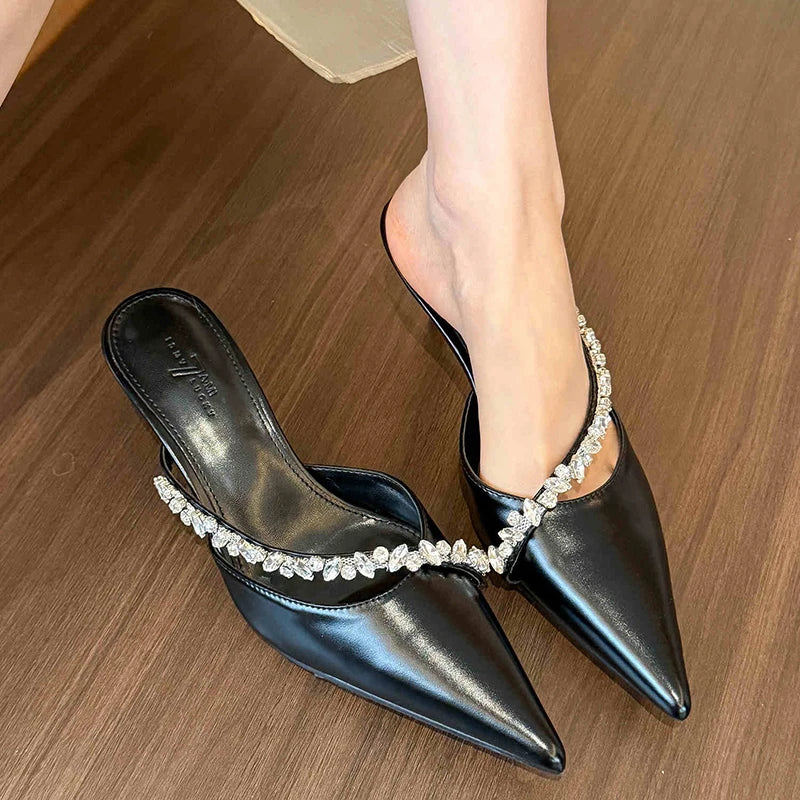 LBSFY  Summer Women's Fashion Crystal Mules Slippers Elegant Cover Toe Dress Slides Ladies Dancing Party High Heel Shoes