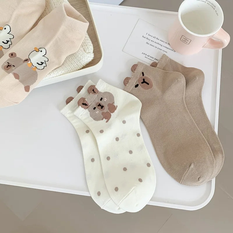 Lbsfy Spring Summer coffee Color Cute Cartoon Bear Print Socks Wholesale Cotton Breathable Ankle Socks Thin Low Tube Kawaii Sox Girls