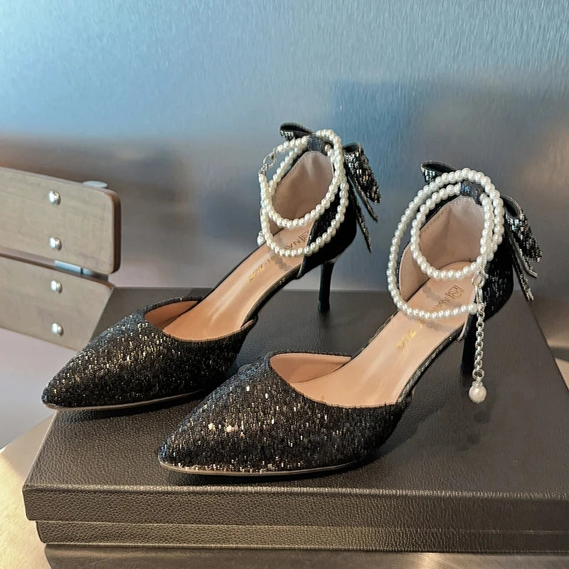 LBSFY  -French new pointy shallow mouth temperament elegant sequin bow high heels women's fine heel pearl line with a single shoe