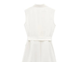 LBSFY -Fashion Simple Slim Fit Blended Short Dress Elegant Solid Color Lapel Summer Dress With Belt Dresses Bouble Breasted Dress