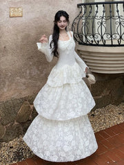 LBSFY -Elegant Fairy Womens Dresses Knitted Patchwork Flare Sleeves Princess Cake Long Dress Autumn Party Prom A-Line Vestidos Robe New