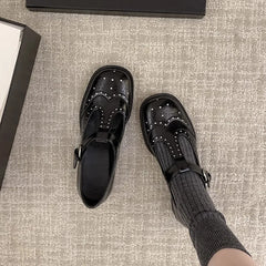 LBSFY  -  Mary Jane Shoes Women Black pu Leather Buckle Round Toe Low Heel Loafers Shoes