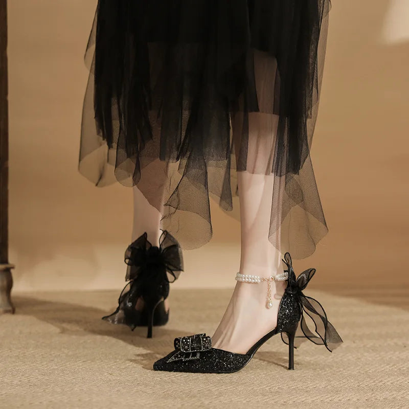 LBSFY  -  Size 34-40 Black High Heels Women's Stiletto Heel Pointed Pearls Buckle Bow Fashionable Thin Heel Party Dress Shoes