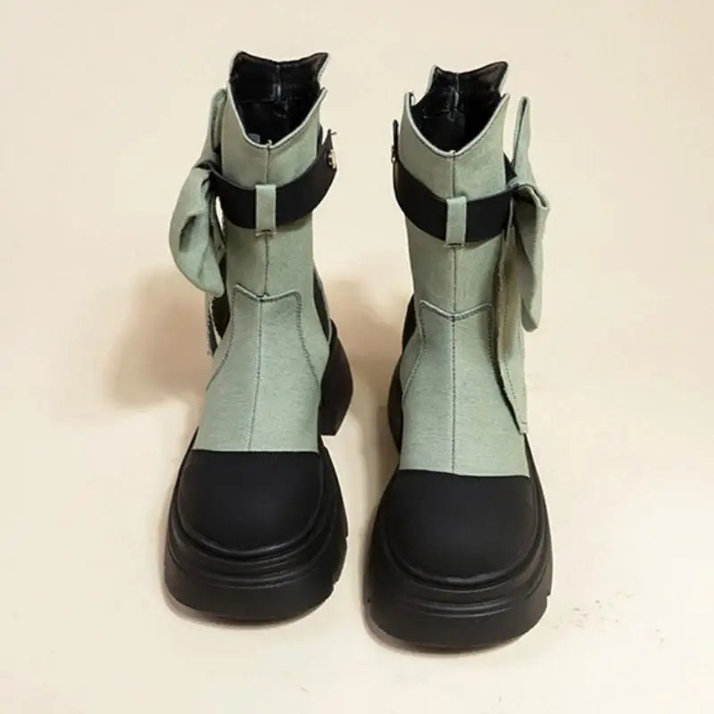 LBSFY  -  Canvas Sweet Big Bow Short Boots Women 2024 Autumn Platform Ankle Boots Fashion Splicing Shoes Round Toe Femme Botas Mujer