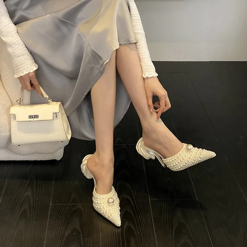 LBSFY  -  Luxury All Pearls Handmade Flowers Women Pumps Slippers Elegant Pointed toe Thin High heels Mules Fashion Wedding Bridal Shoes
