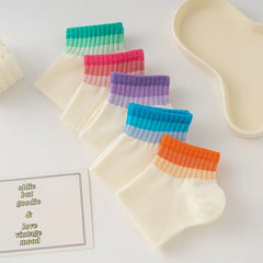 Lbsfy 5 Pairs Cotton Women Socks 1 Set Spring Summer Autumn Thin Rainbow Striped harajuku White Low Tube Short Sock Pack Girls Gift