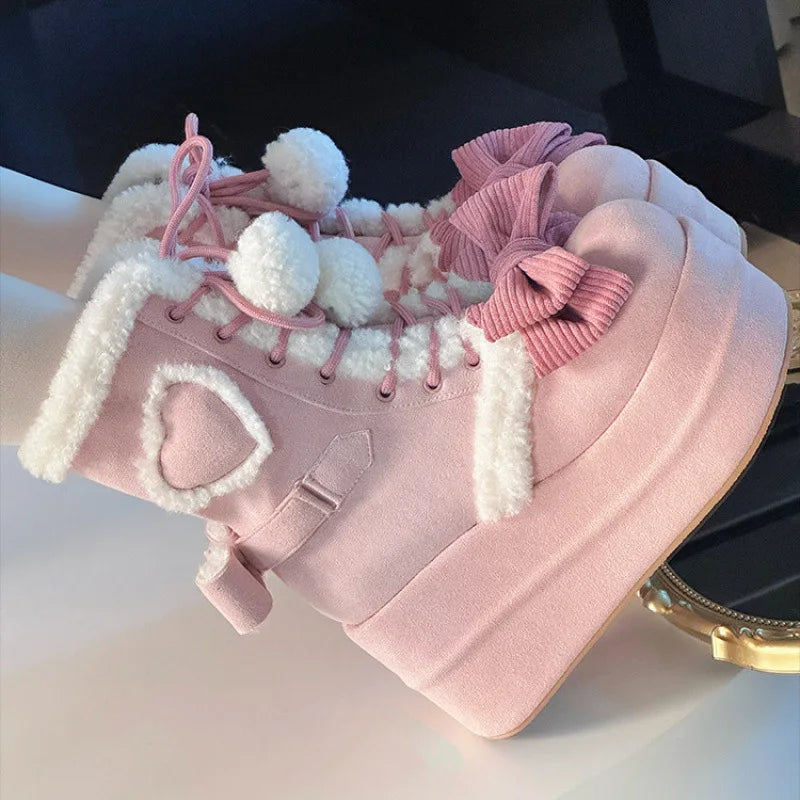 LBSFY  -  Sweet Winter Girls Lolita Mid-Calf Snow Boots,Cute Female Students Plush Warm Bowknots Lace Up Wedge Heel Heightening Shoes