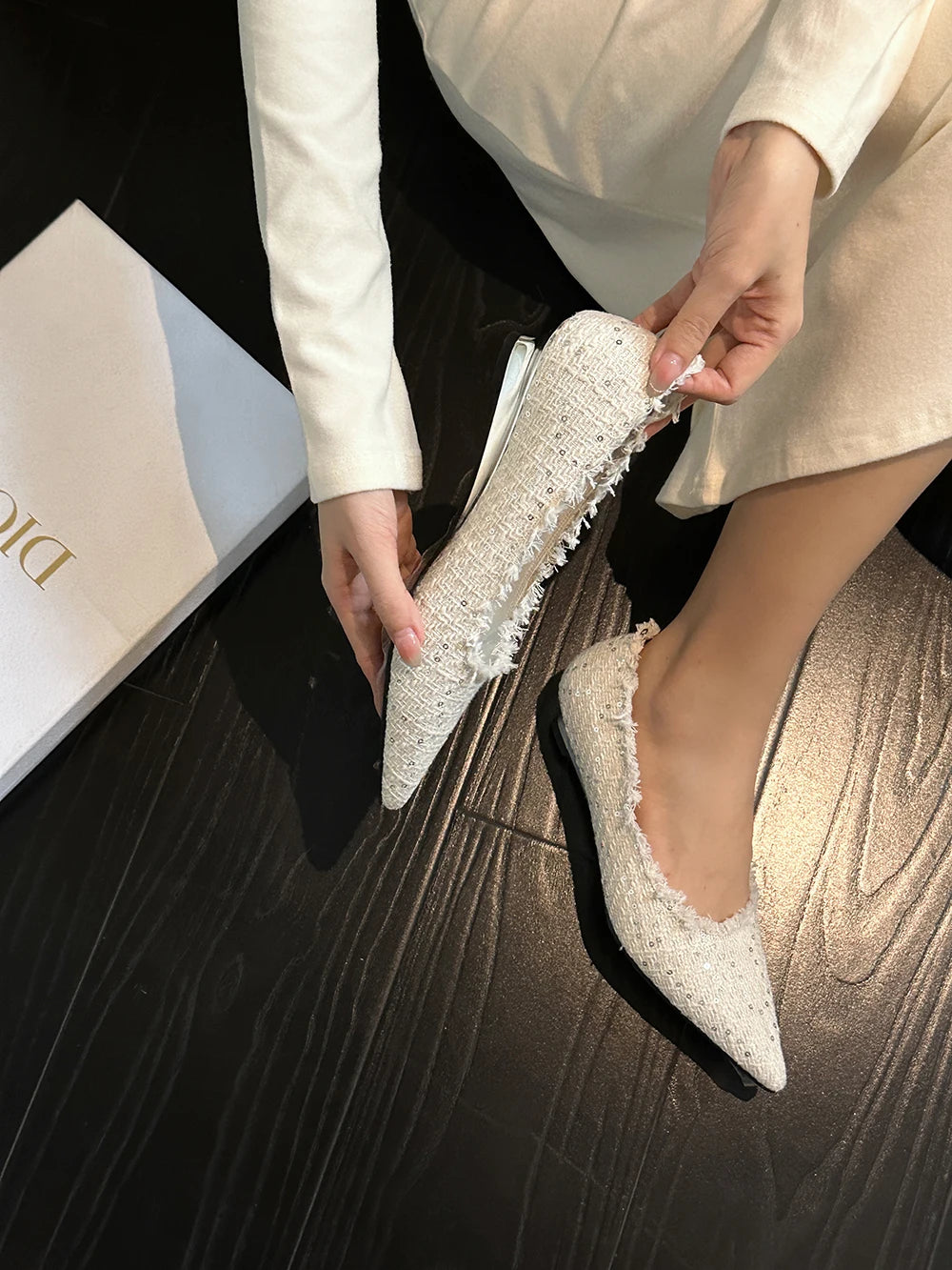 LBSFY  - Pointed Toe Women Loafers Casual Mules Shoes Shallow Slip On Sequined Cloth Autumn Spring Party Dress Casual Party Pumps 35-39