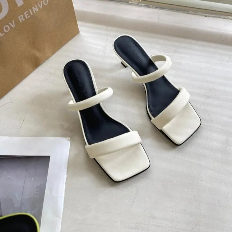 LBSFY -Open Toe High Heeled Sandals Women's Summer New Square Head Thick Heel Mid-heel Slippers