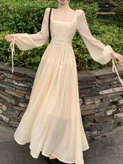 LBSFY -Fairy French Elegant Women Midi Dress Square-Collar Long Sleeve Slim Waist Dresses Sweet Casual 2025 New Mujer Vestidos Summer