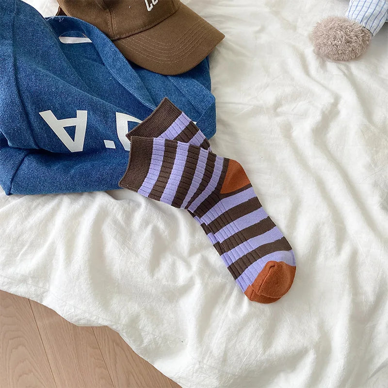 Lbsfy Socks Women Autumn Spring Winter Korea Style Harajuku Street Sport Cotton Stripes Casual Skateboard Mid-tube Sock For Girls Gift