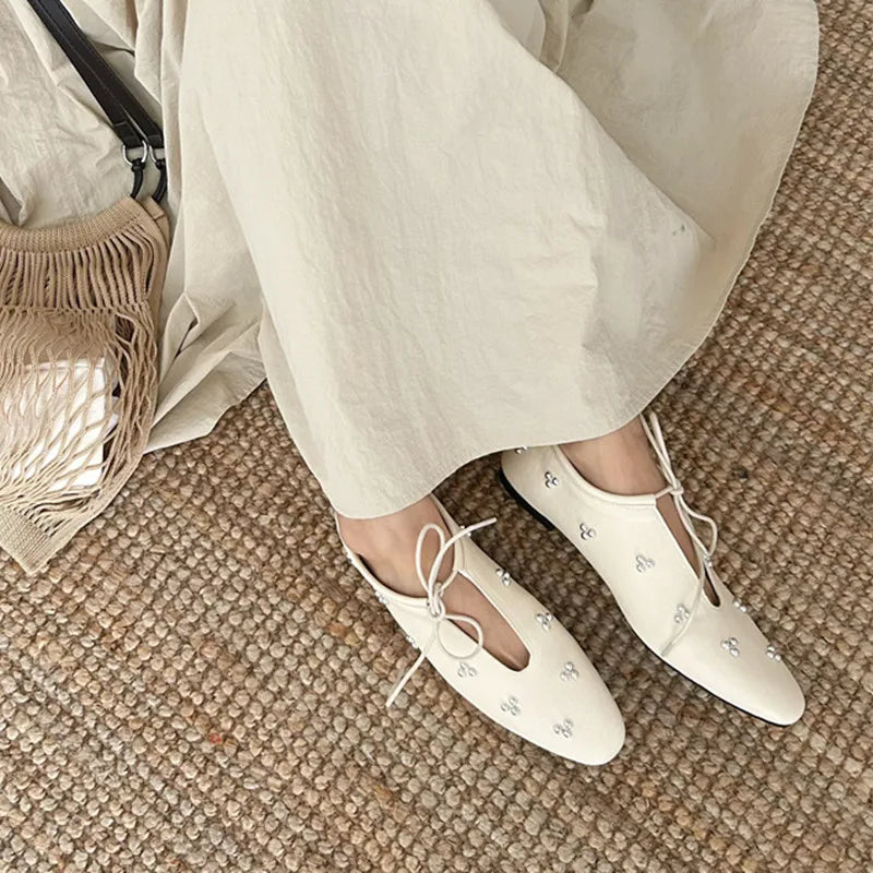 LBSFY  -Women Casual Loafers Lace Up Ladies Square Toe Flat Heel Sandals Thick Low Heels Spring Slip On Office Daily Shoes