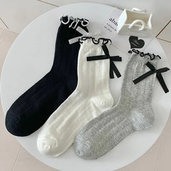 Lbsfy Cute Bowknots Cute Ruffle Socks Women Lolita Sweet Girls Kawaii Socks JK Japanese Styles Solid Color Black White Gray Long Socks