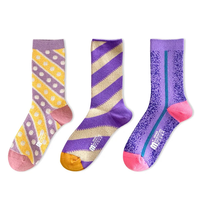 Lbsfy Winter Purple Series Socks for Women Fashion Double Needle Middle Tube Sock Commuter Trendy Geometric Socks Stripes Female Sox