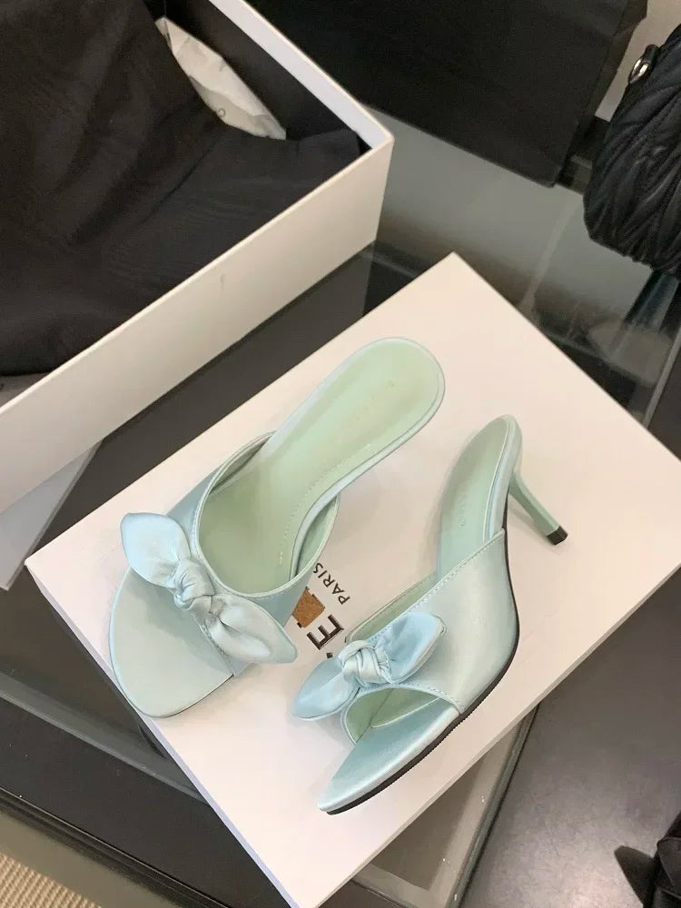 LBSFY -Satins Butterfly-knot Open Toe Women Slippers Fashion Thin Heels Sandals Summer Casual Party Dress Slide Shoes