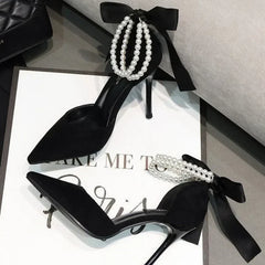 LBSFY  -Shoes for Women Brand Spring Women's Pumps Pointed Toe Solid Flock Beads Bow Tie Buckle Shallow Mouth Novelty High Heels