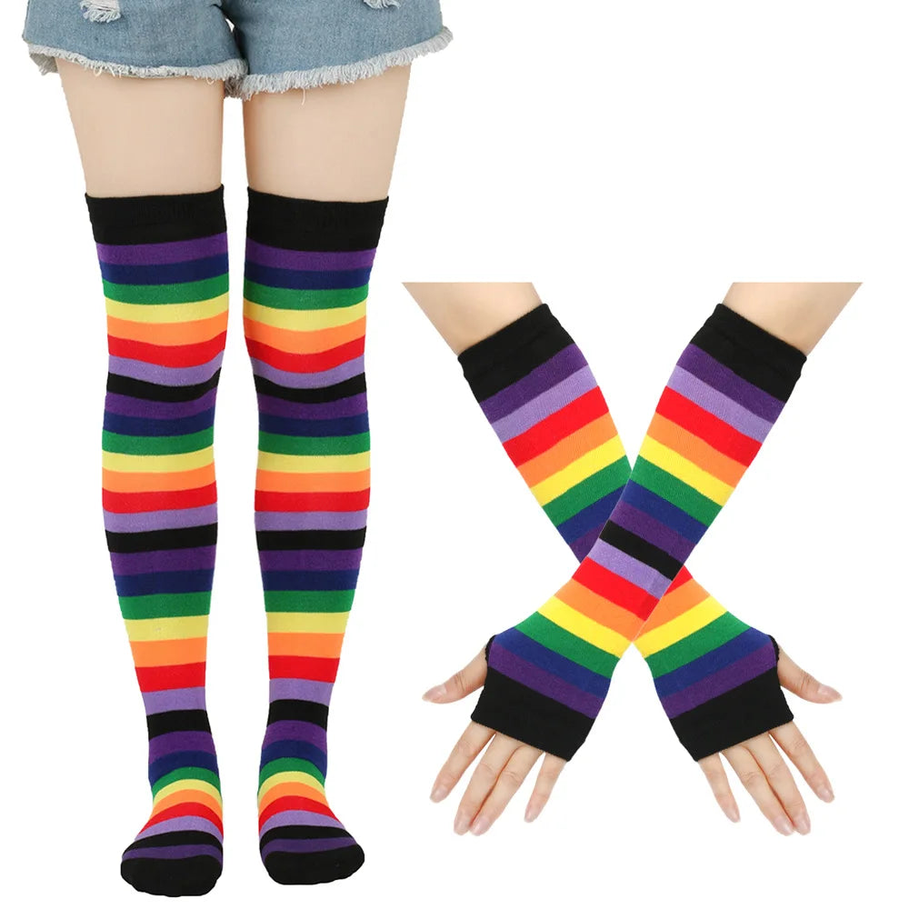 Lbsfy 2Pair/Set Women Gothic Punk Over Knee Long Stripe Socks Girl Arm Sleeve Gloves Thigh High  Hosiery Sweet Cute Christmas Gift