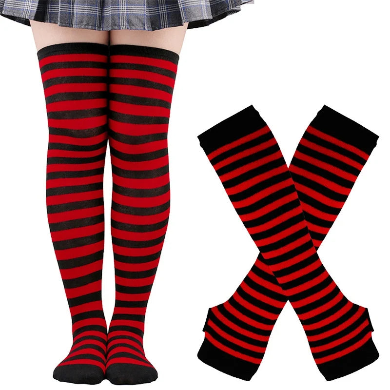 Lbsfy 1 Set Women Girls Over Knee Long Stripe Thigh High Cotton Gothic Lolita Socks Arm Sleeve Gloves Sweet Cute Black Overknee Socks