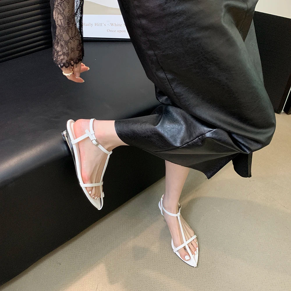 LBSFY  - Pointed Toe Women Sandals 2024 New Arrivals Fashion Outside T Strap Summer Casual Dress Shoes Woman Black/Gold/Silver Size 35-39