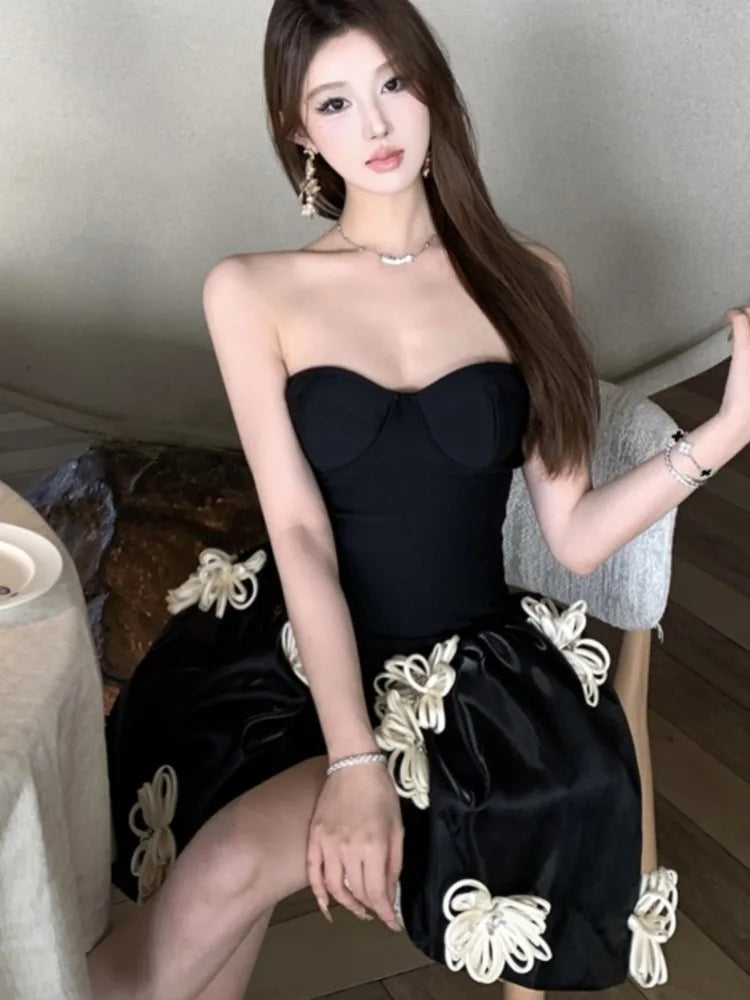 LBSFY -Spring Summer 2025 Elegant Chic French Strapless Women's Dresses Black Backless Slim Fit Waist Spliced Ball Gown Dress Party