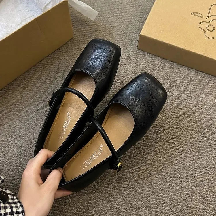 LBSFY -Women's Square Toe Slip-On Mary Jane Flat Shoes Soft Bottom Versatile Spring Summer New Style Casual Comfortable Leather Shoes