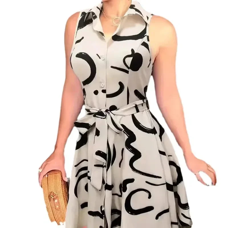 LBSFY  -  New Women's Printed Sleeveless Lace-up Dress Shirt Mini High Waist Dress Single Breasted Fashion Summer