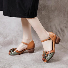 LBSFY  -   Women Mother Ladies Female Genuine Leather Sandals Shoes Platform Summer Cool Beach Retro Flowers High Heel Buckle Strap