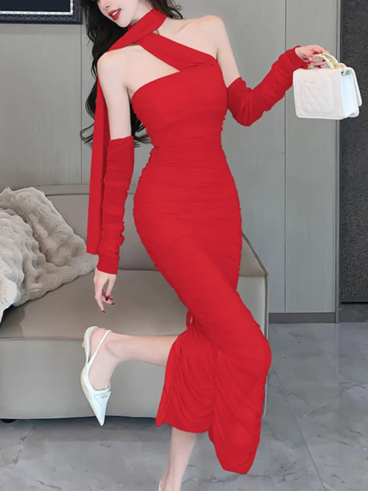 LBSFY -Fashion Sexy Halter Pleated Party Dress for Women Vintage Elegant Autumn Strapless Birthday Ladies Bodycon Split Vestidos Mujer