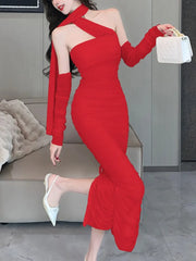 LBSFY -Fashion Sexy Halter Pleated Party Dress for Women Vintage Elegant Autumn Strapless Birthday Ladies Bodycon Split Vestidos Mujer