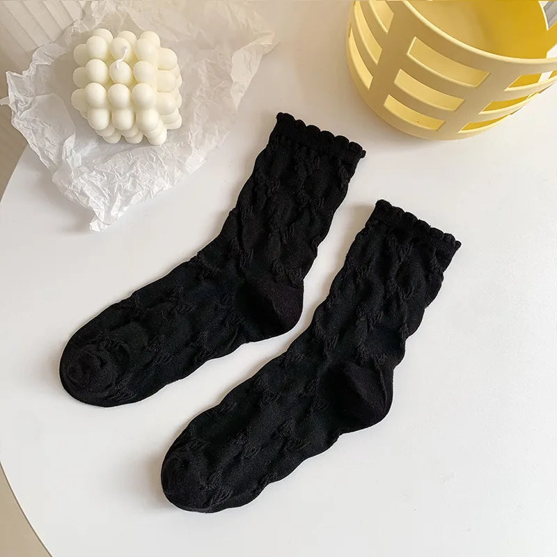 Lbsfy Socks Spring Summer Solid Color Casual Bow Lace Sweet Style Girl Cotton Middle Tube Woman Girls Gift Lolita Harajuku Socks
