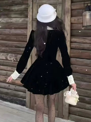 LBSFY -Autumn Velvet Mini Dress for Women French Vingate Bow Neck Lace Patchwork Evening Party Dresses Korean One Piece Vestidos Mujer