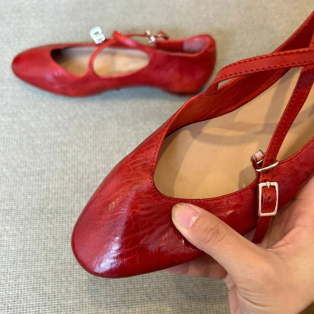 LBSFY  -  Brand Round Toe Flat Ballet Shoes Women Retro Soft Sole Mary Jane Shoes Cross-tied Comfy Low Heel Dress Shoe Casual Mules Shoes