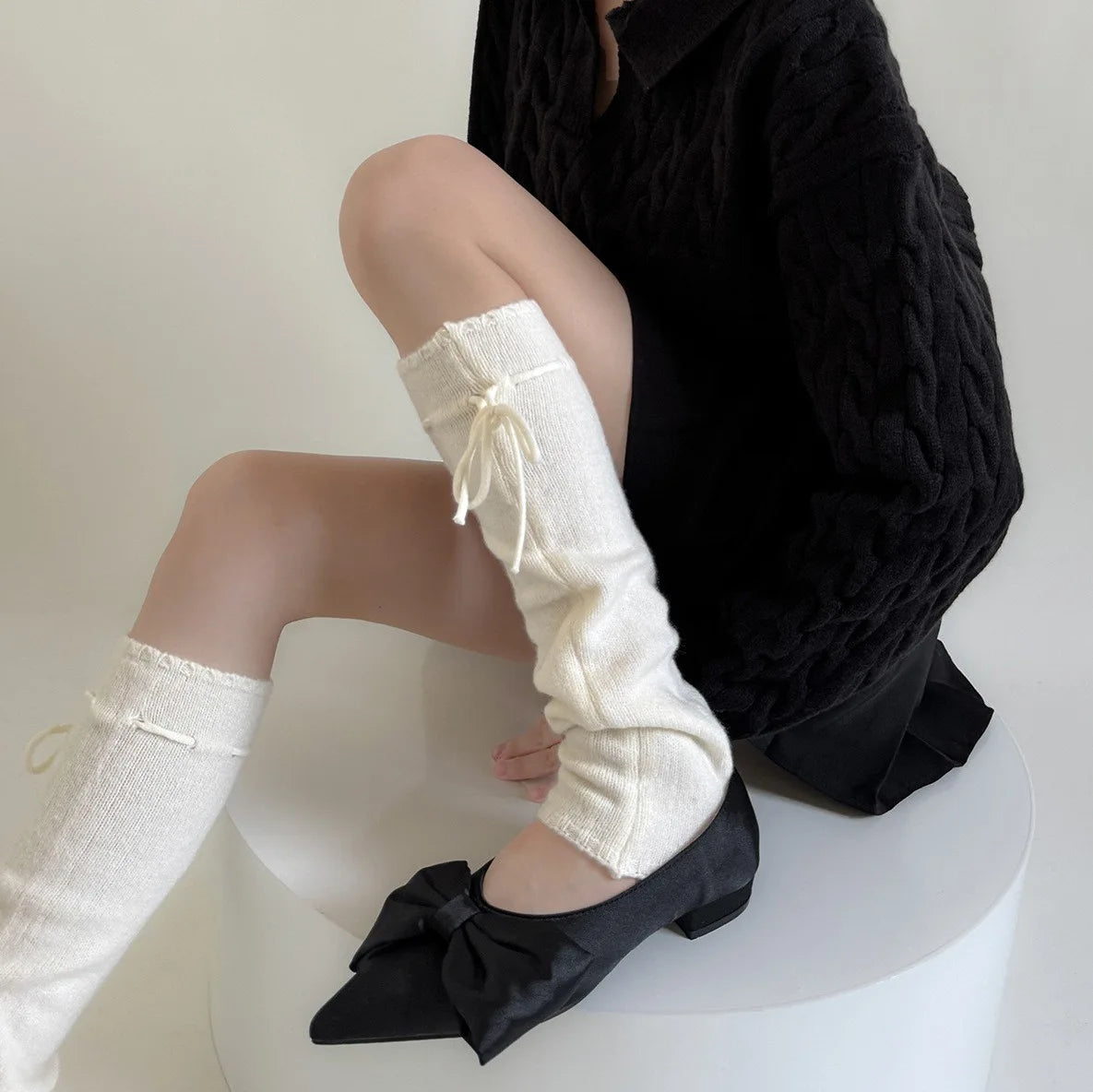 Lbsfy Korea Women Tie Bow Calf Socks Vintage Knit Wool Leggings Covers Socks Y2K Winter Thickened Leg Warmers Harajuku Jk Sleeve