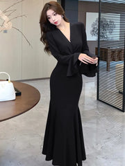 LBSFY -Korean Sexy Mermaid Dress for Women V-Neck Flare Long Sleeves Ruffles Party Dresses Autumn Female Slim Waist Vestidos Long Robe