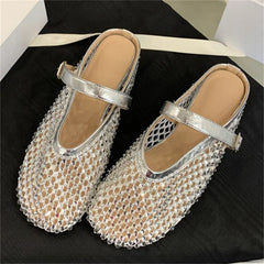 LBSFY -Mesh Hollow Out Buckle Strap Mules Slippers Women Fashion Elegant Round Toe Low Flat Heels Party Dress Shoes